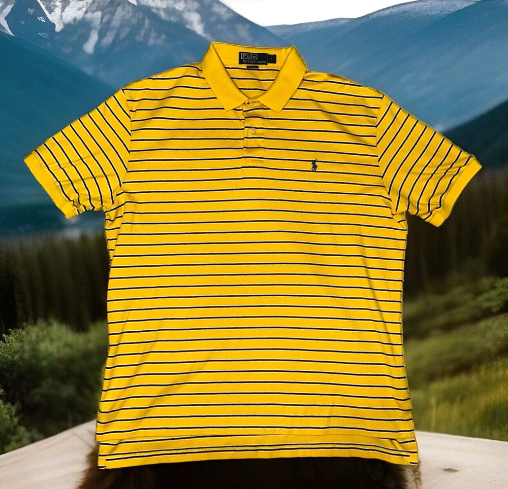 POLO by Ralph Lauren Shirt Mens Large *StRiPeD YeLLoW BLacK* Golf Preppy Vintage